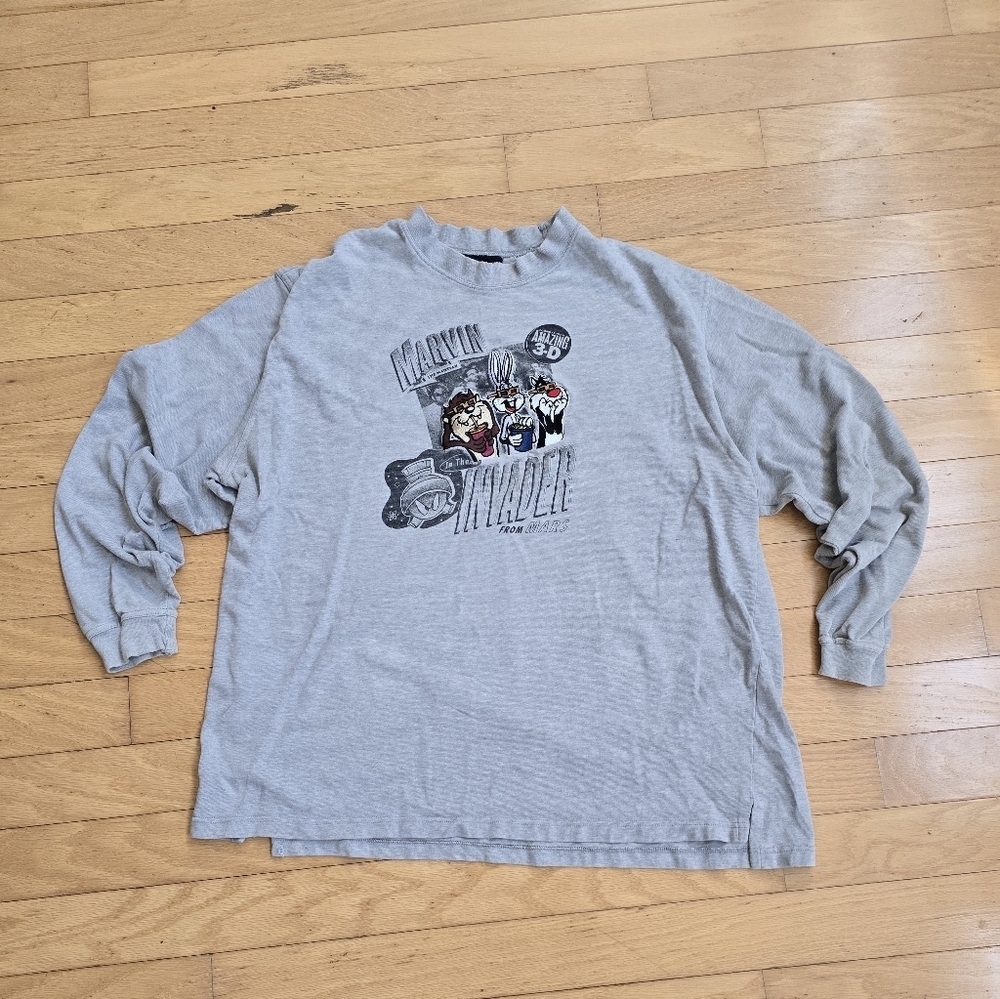 90's vintage | Warner Bros Marvin the Martian gray long sleeve shirt | MENS XXL